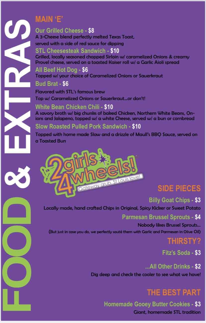 Original 2 Girls 4 Wheels food and extras menu